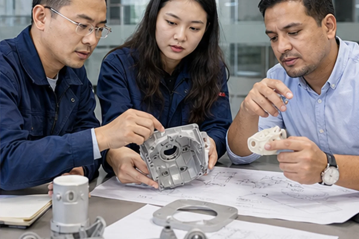 Engineers reviewing an industrial product prototype