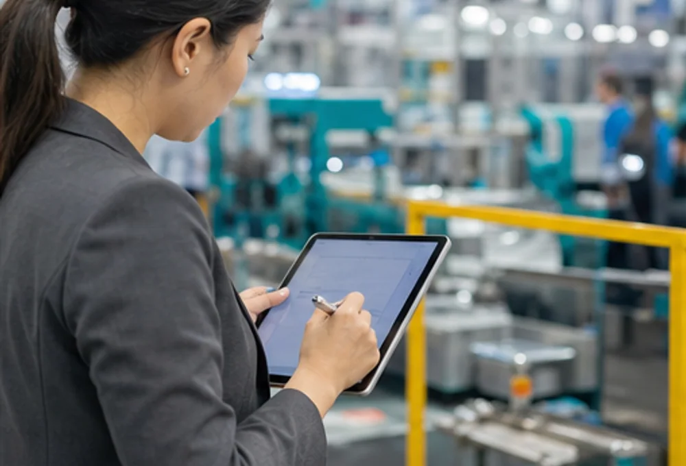 Sourcing specialist recording supplier information at an exhibition