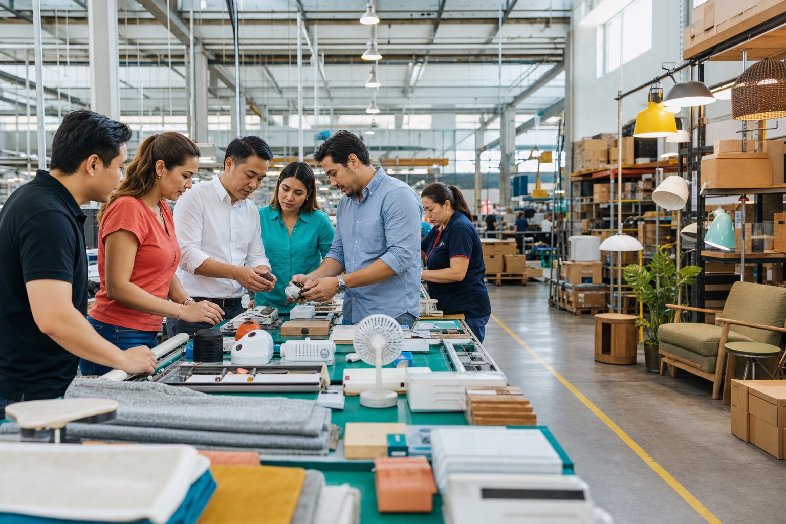 NaviSight sourcing specialists and factory technicians reviewing product samples