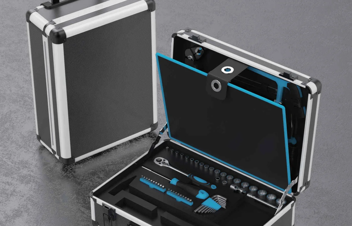 General hand tool kit in an aluminum carrying case