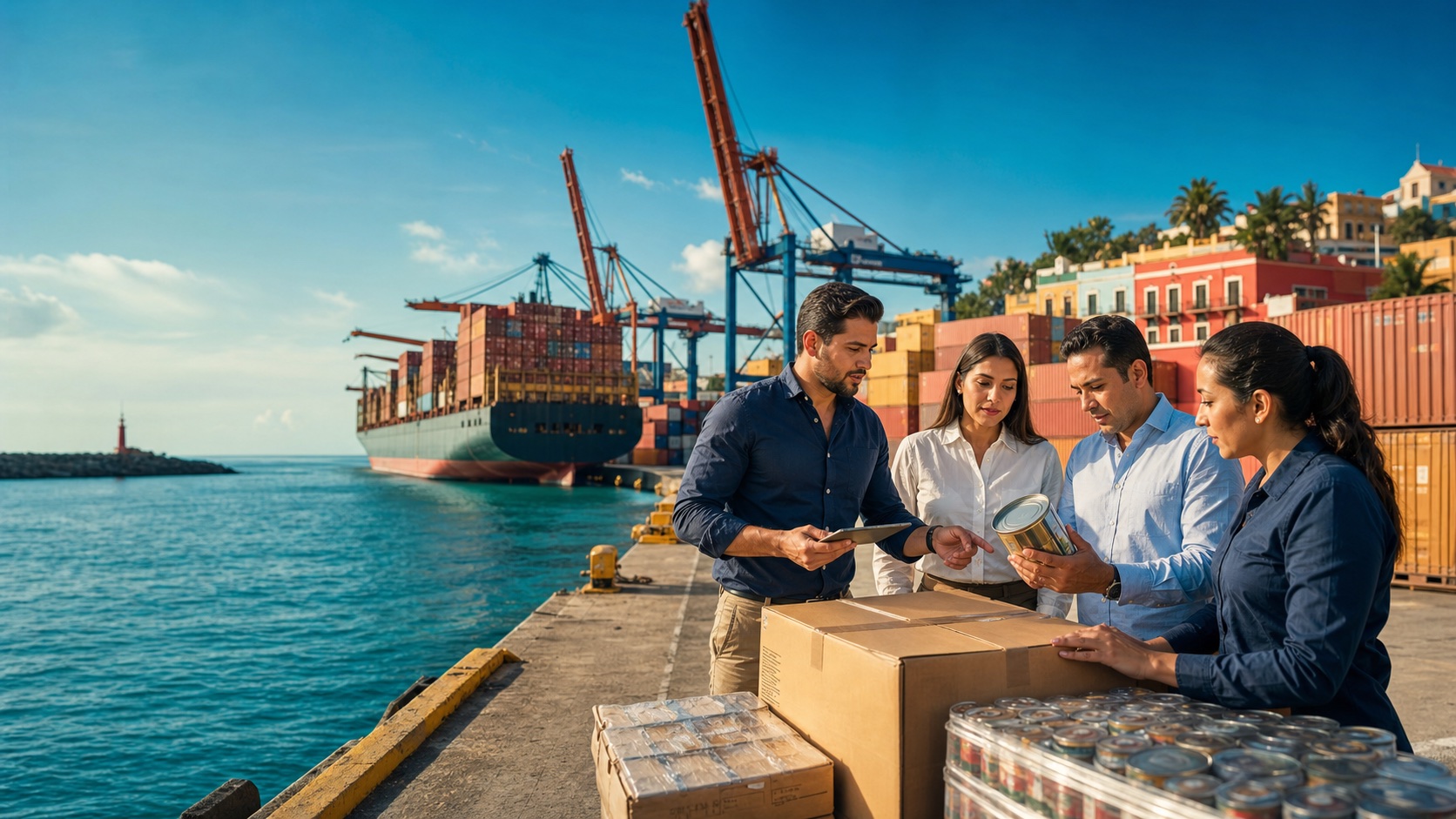 International sourcing specialists inspecting a shipment at a port