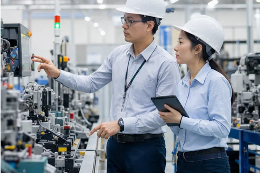 Buyer and NaviSight specialist reviewing factory equipment