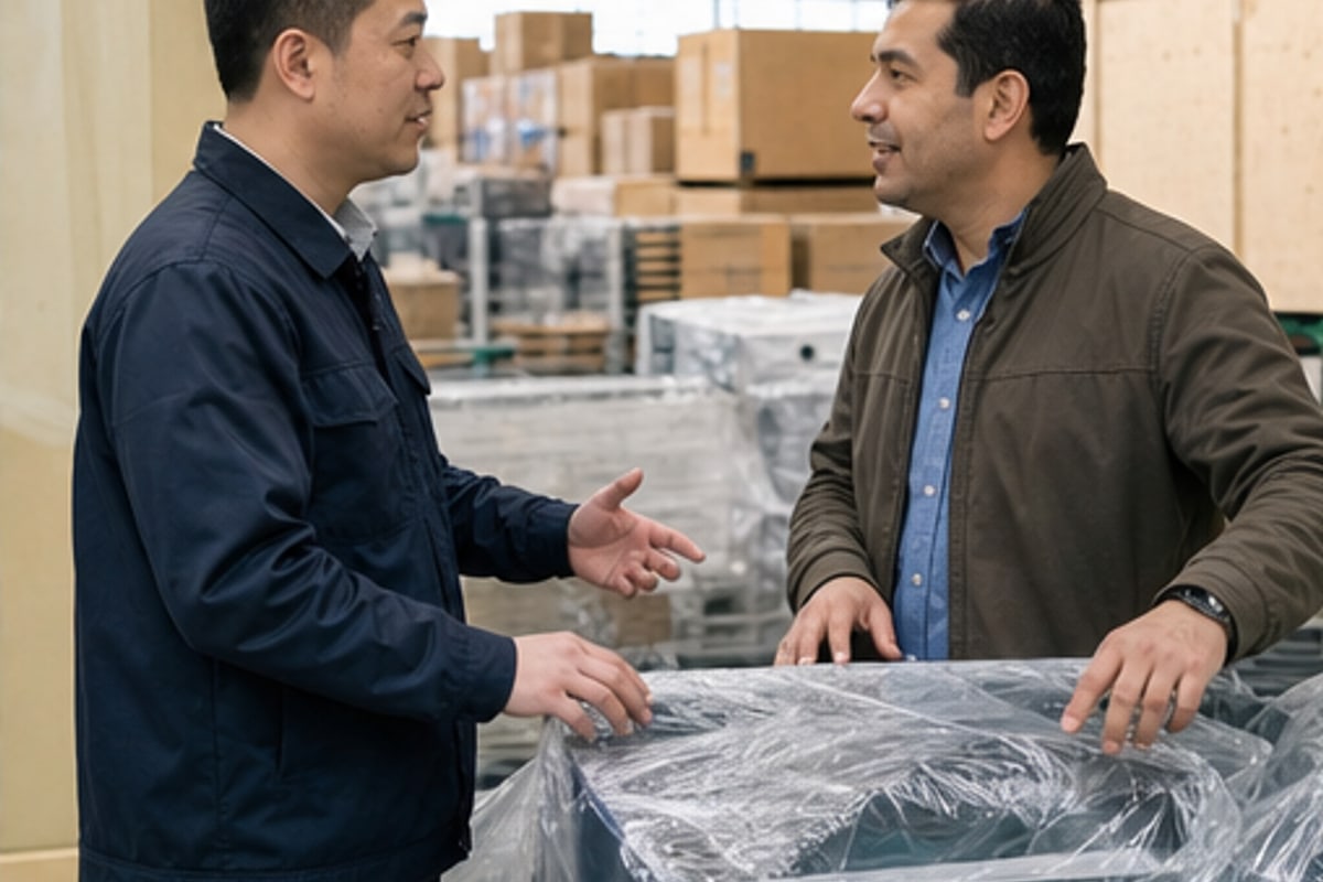 Warehouse specialist coordinating stored equipment with an international buyer